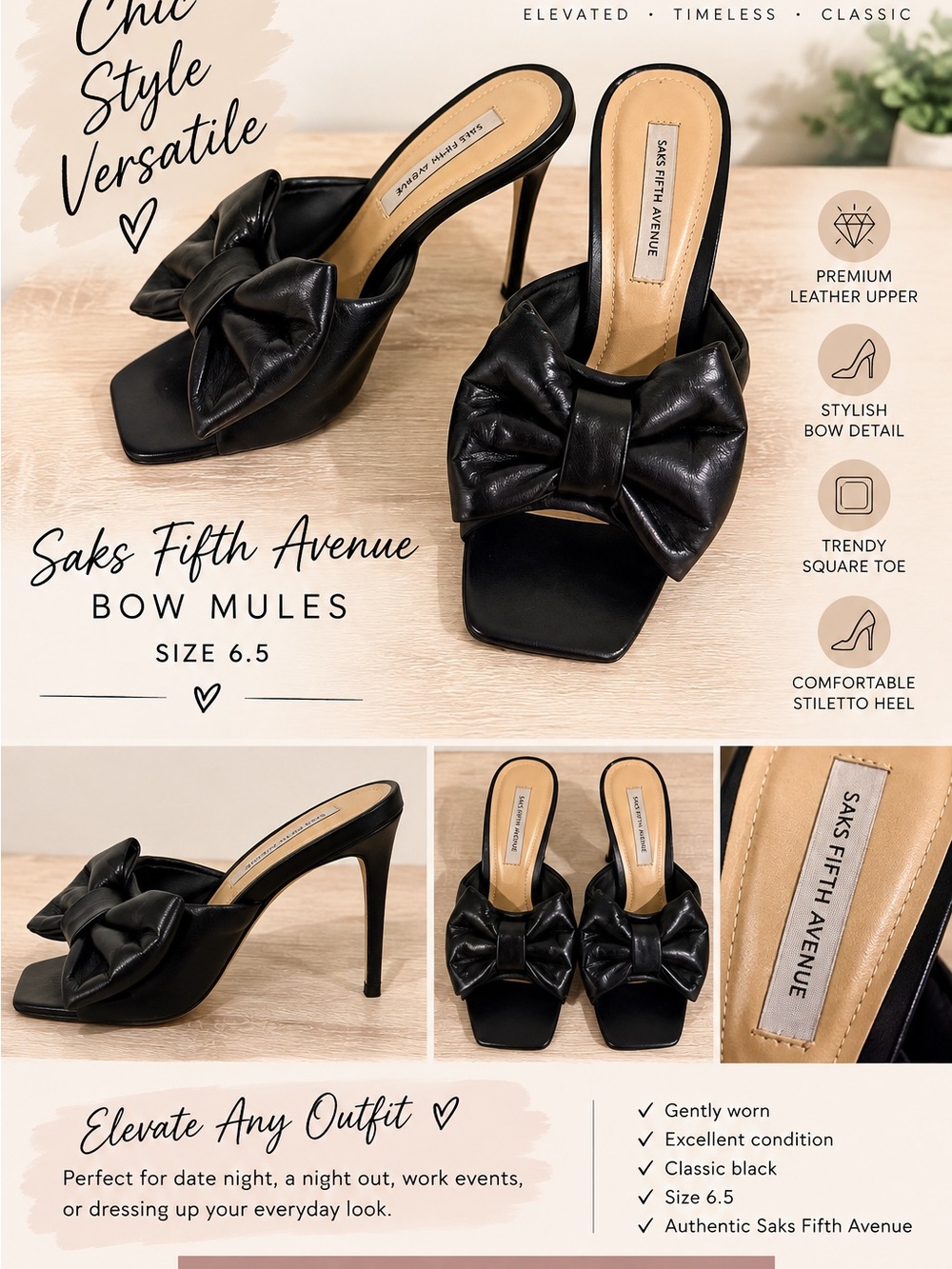 Saks Fifth Avenue Black Leather Bow Mules 🖤🖤 Size 6.5 🖤🖤